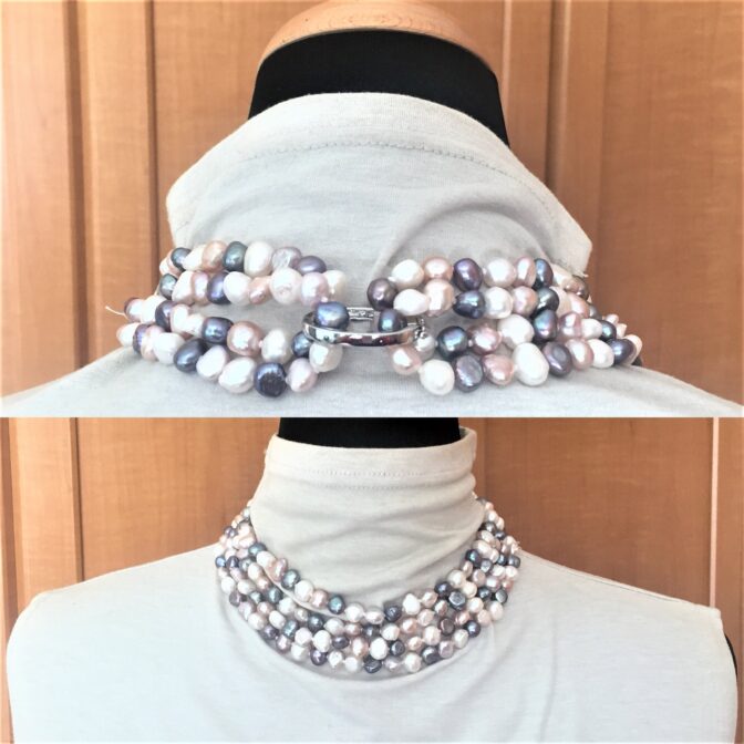 淡水パールロングネックレス3色の白・ピンク・グレー