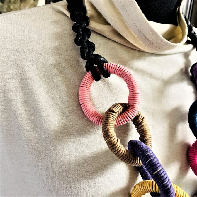 コットンロープでマグネット付きカラフルネックBマネキン装着つなぎ目アップ