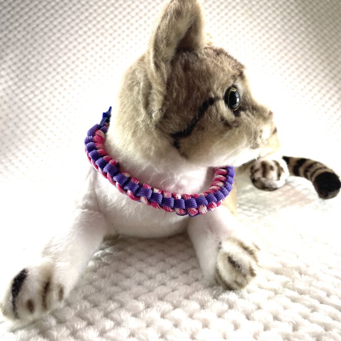 [公式] ＃46パラコード編み首輪まだらピンクと紫の猫首輪猫の装着した画像