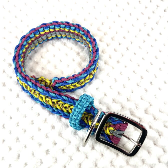 [公式]#302パラコード編み犬首輪　名称ハッピーバレンタイン巻いて寝かせた画像