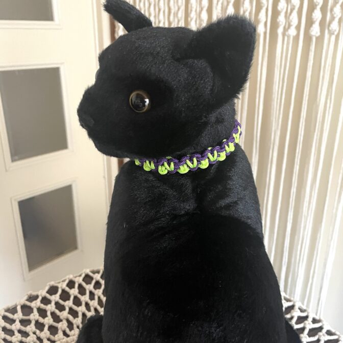 [公式]パラコード編み#307 ねこ用首輪2色使いのスッキリ配色装着させ正面アップ